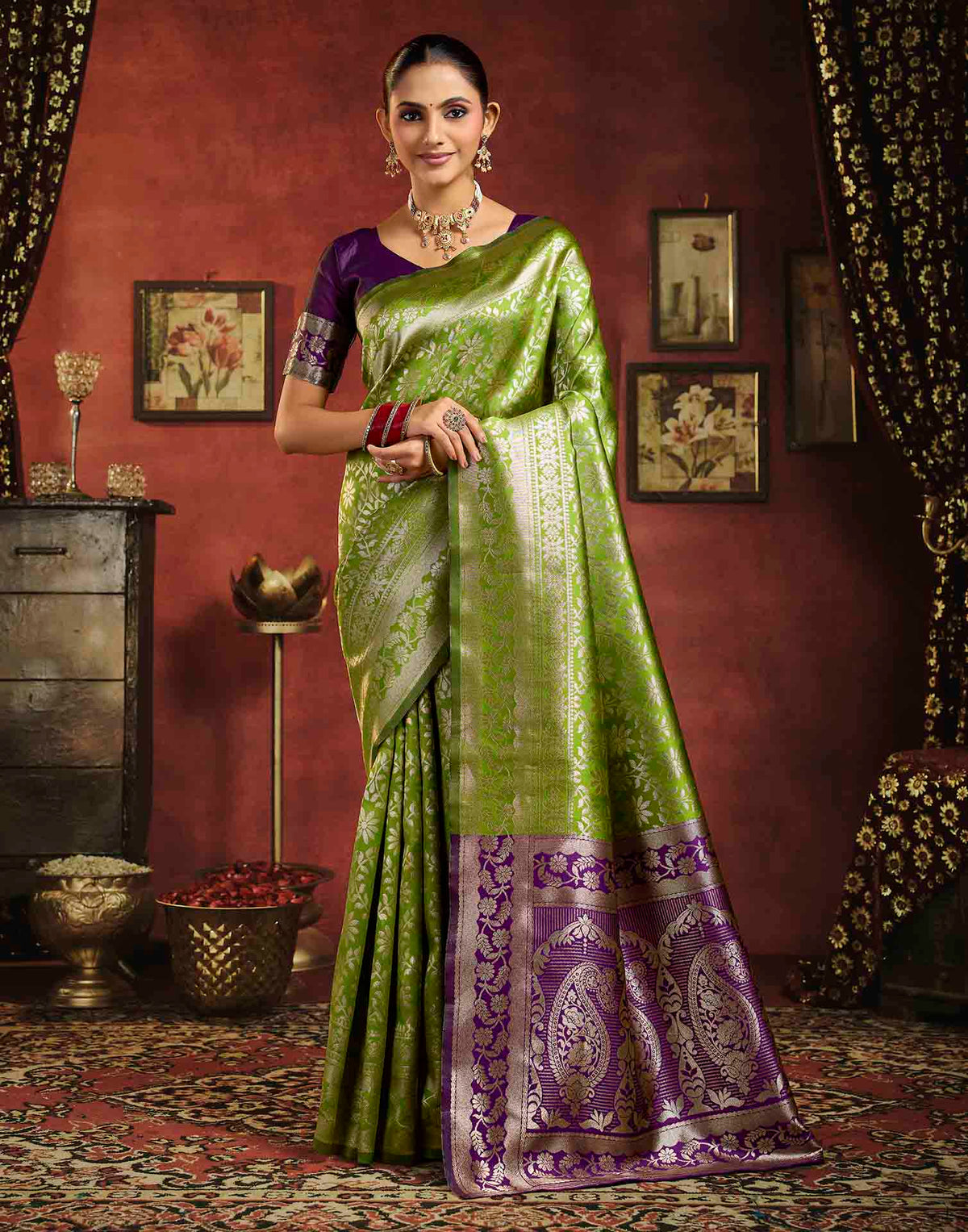 Parrot Green Silk Woven Banarasi Saree