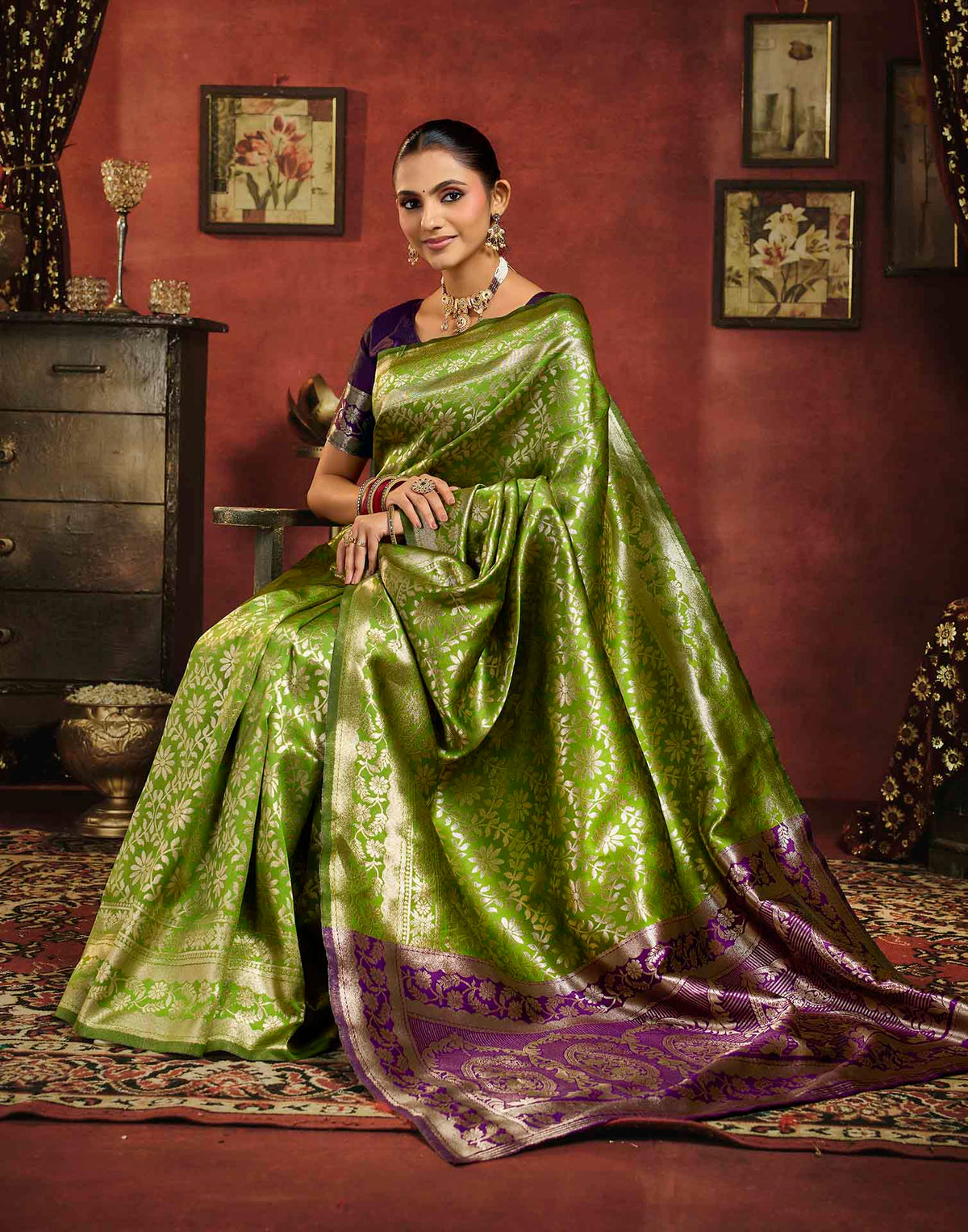 Parrot Green Silk Woven Banarasi Saree