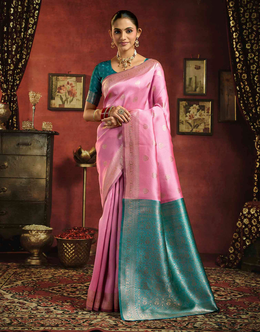Baby Pink Silk Woven Banarasi Saree