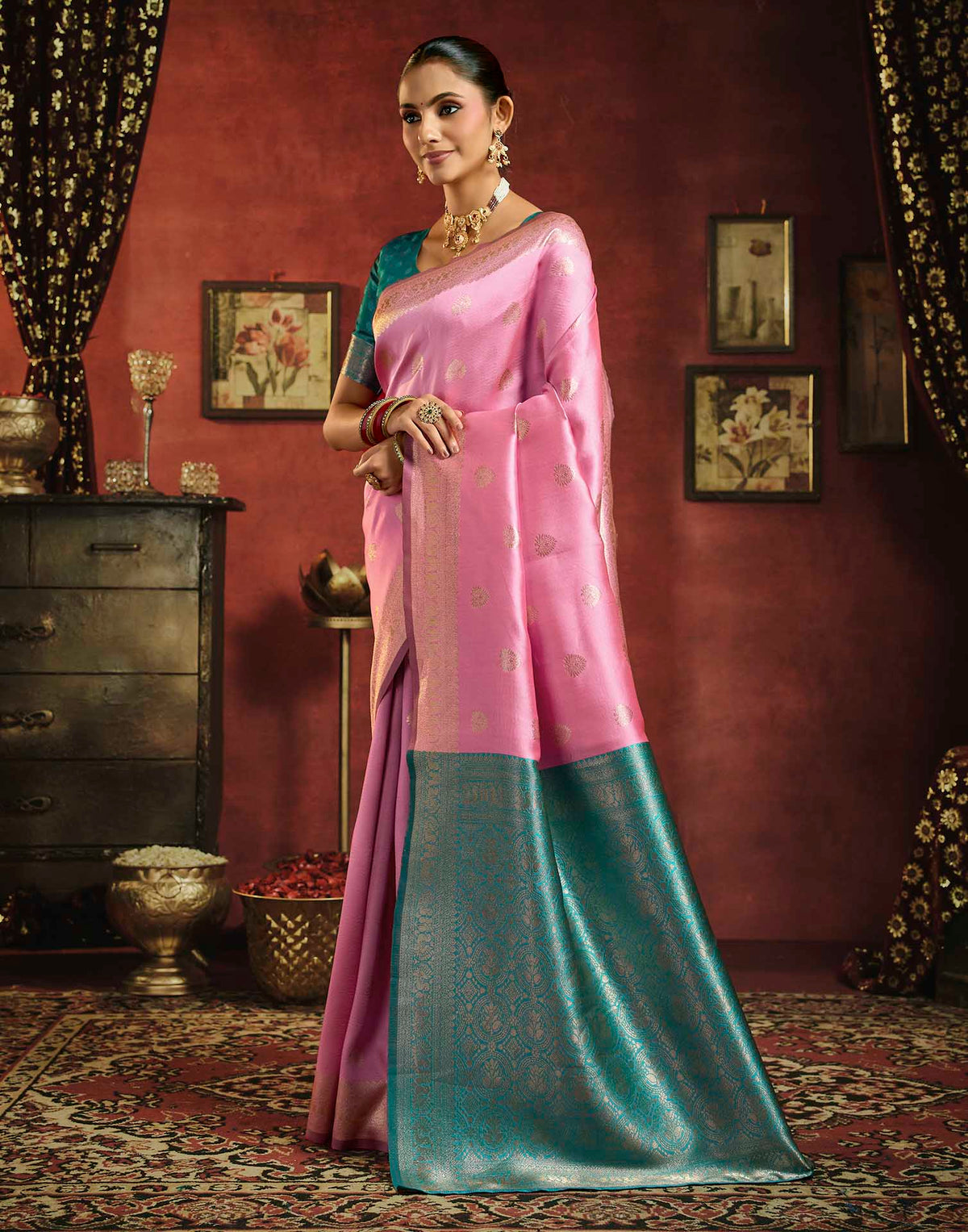 Baby Pink Silk Woven Banarasi Saree
