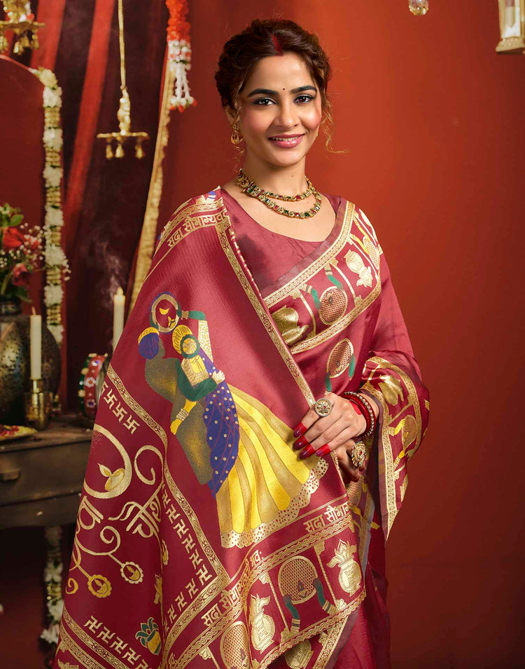 Maroon Silk Woven Banarasi Saree