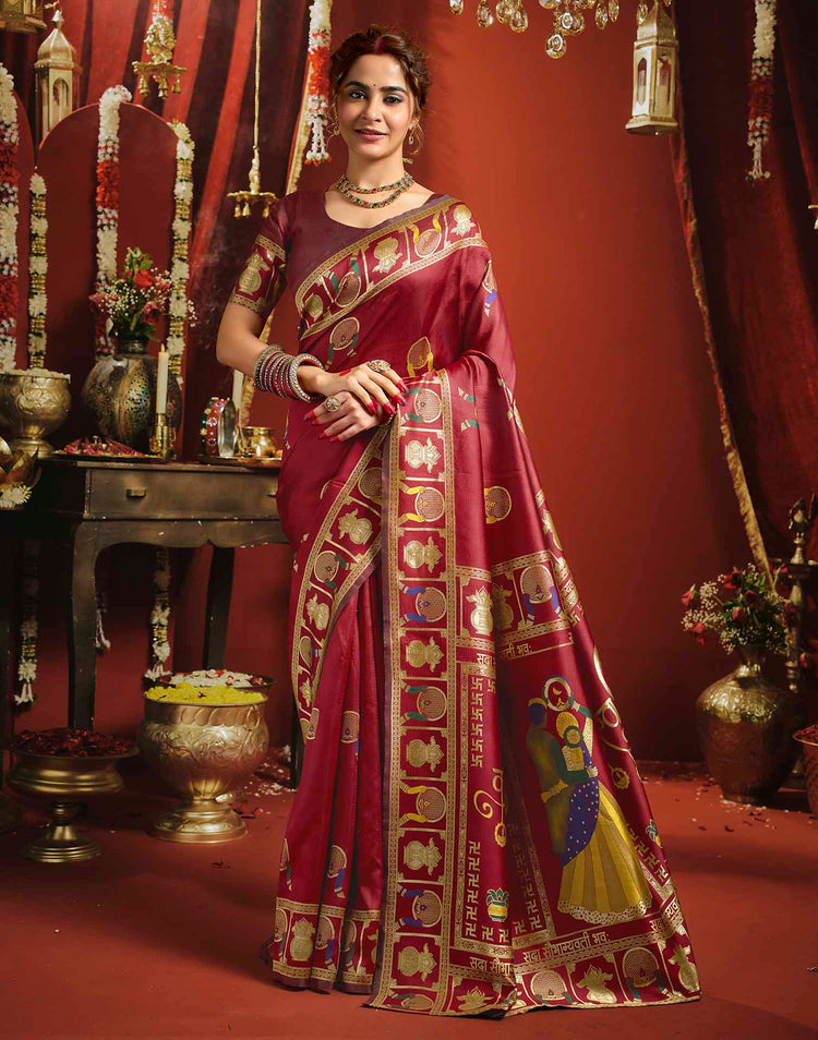 Maroon Silk Woven Banarasi Saree