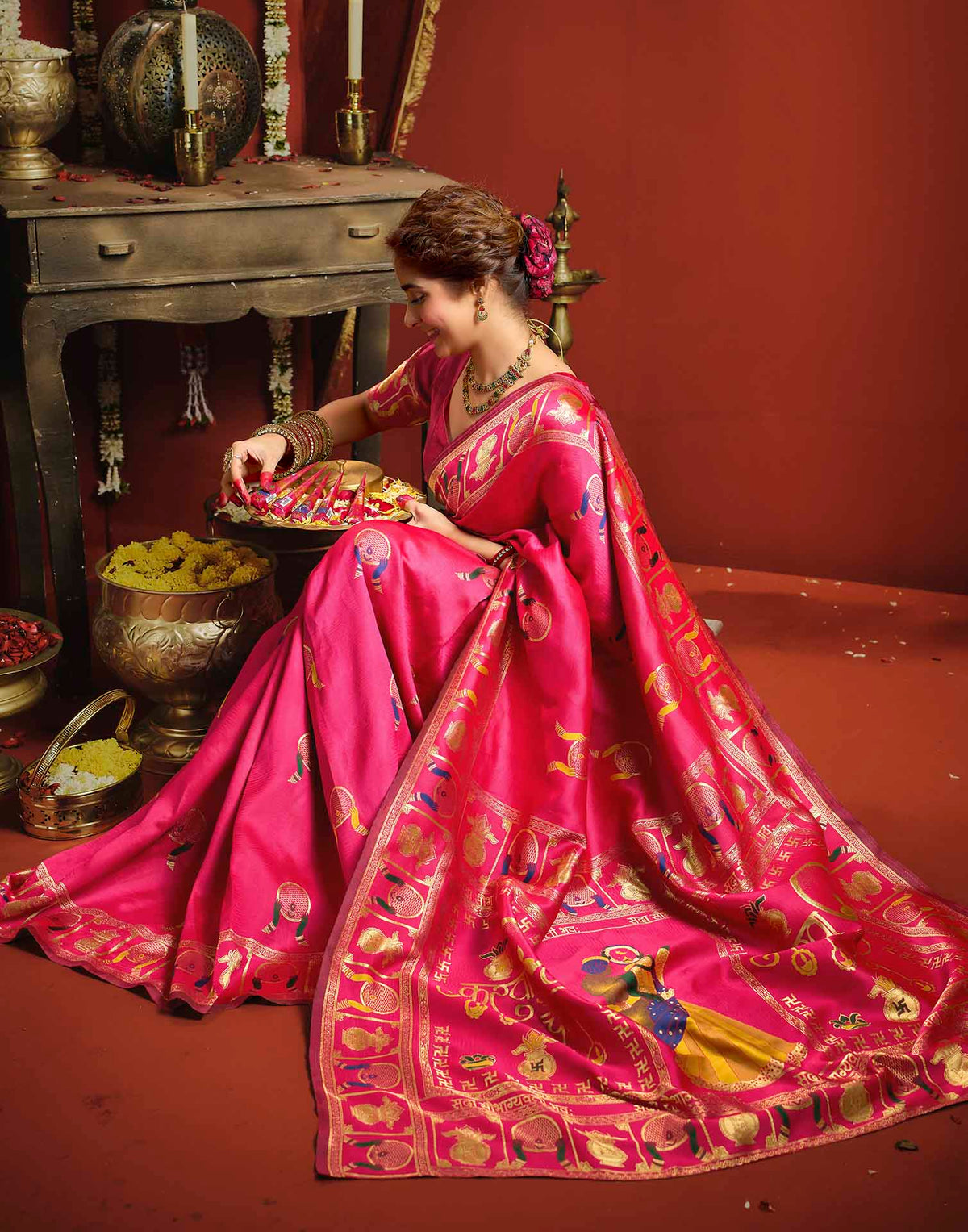 Magenta Silk Woven Banarasi Saree