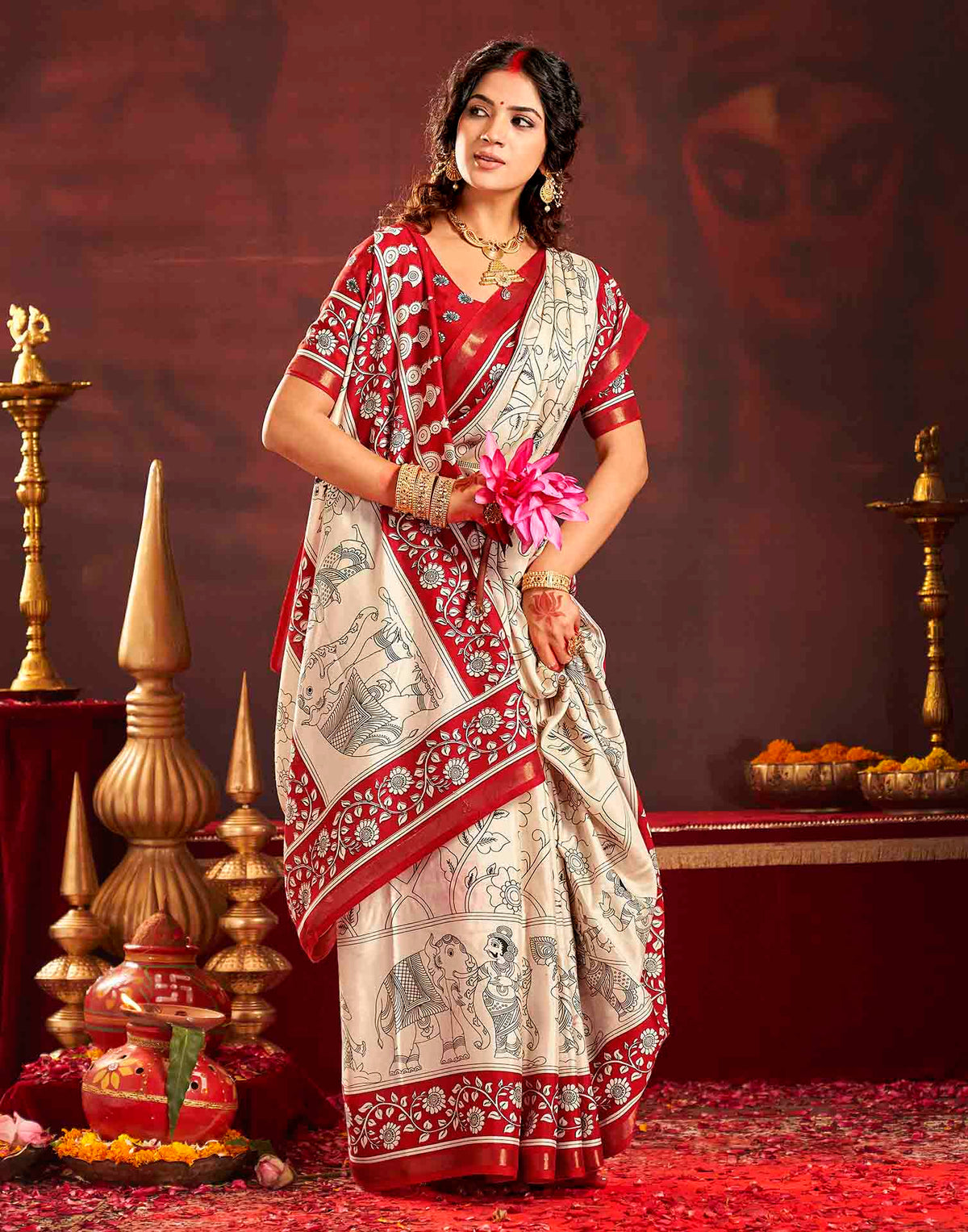 Durga Puja Off White Cotton Kalamkari Printed Saree