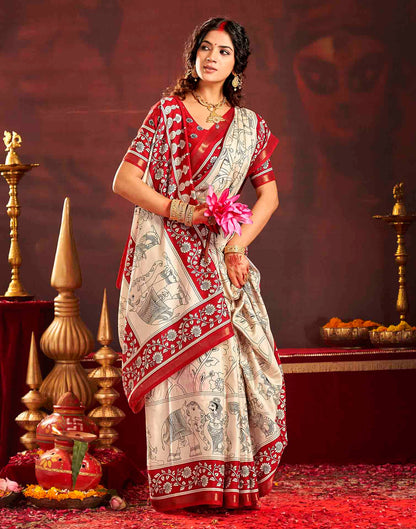 Durga Puja Off White Cotton Kalamkari Printed Saree