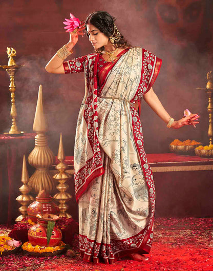Durga Puja Off White Cotton Kalamkari Printed Saree