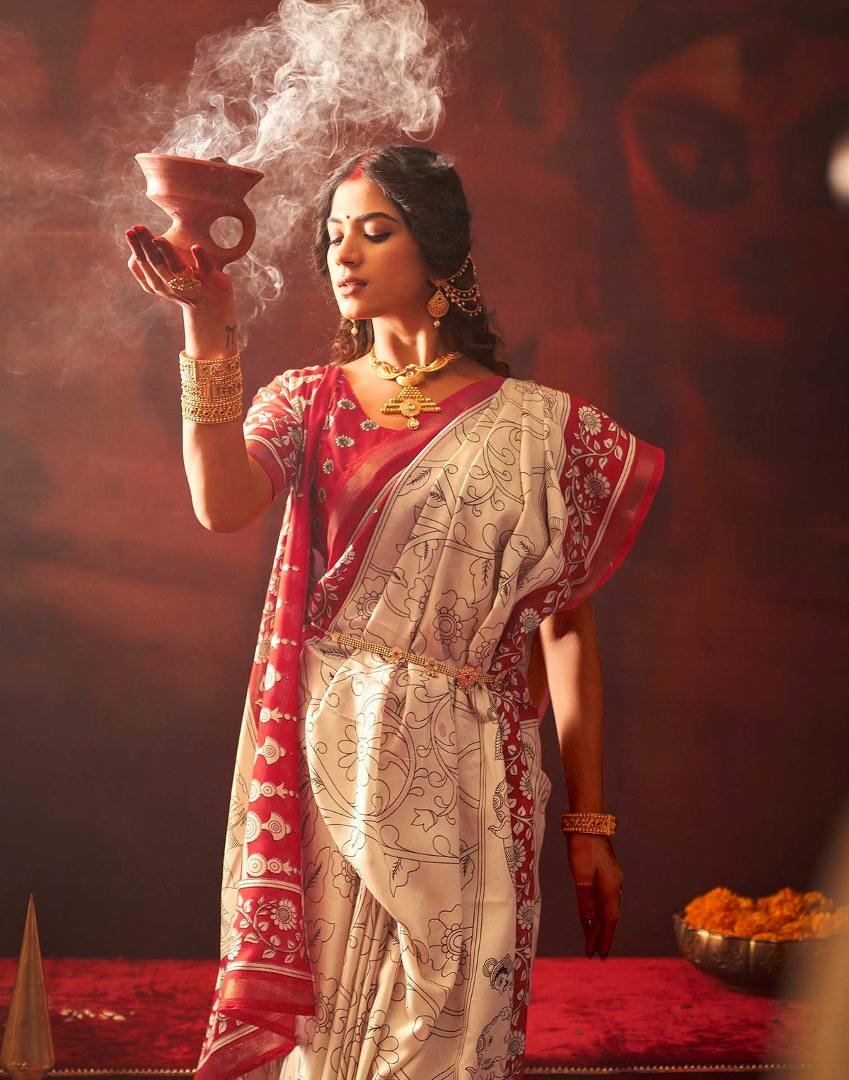 Durga Puja Off White Cotton Kalamkari Printed Saree