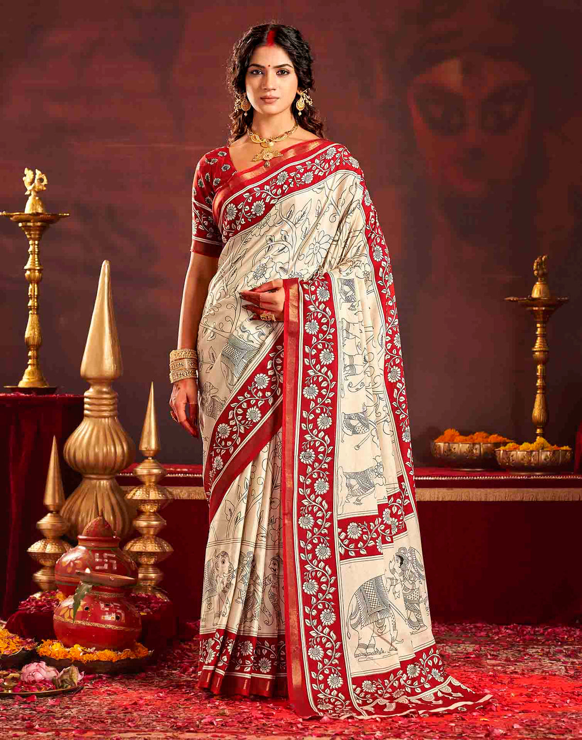 Durga Puja Off White Cotton Kalamkari Printed Saree