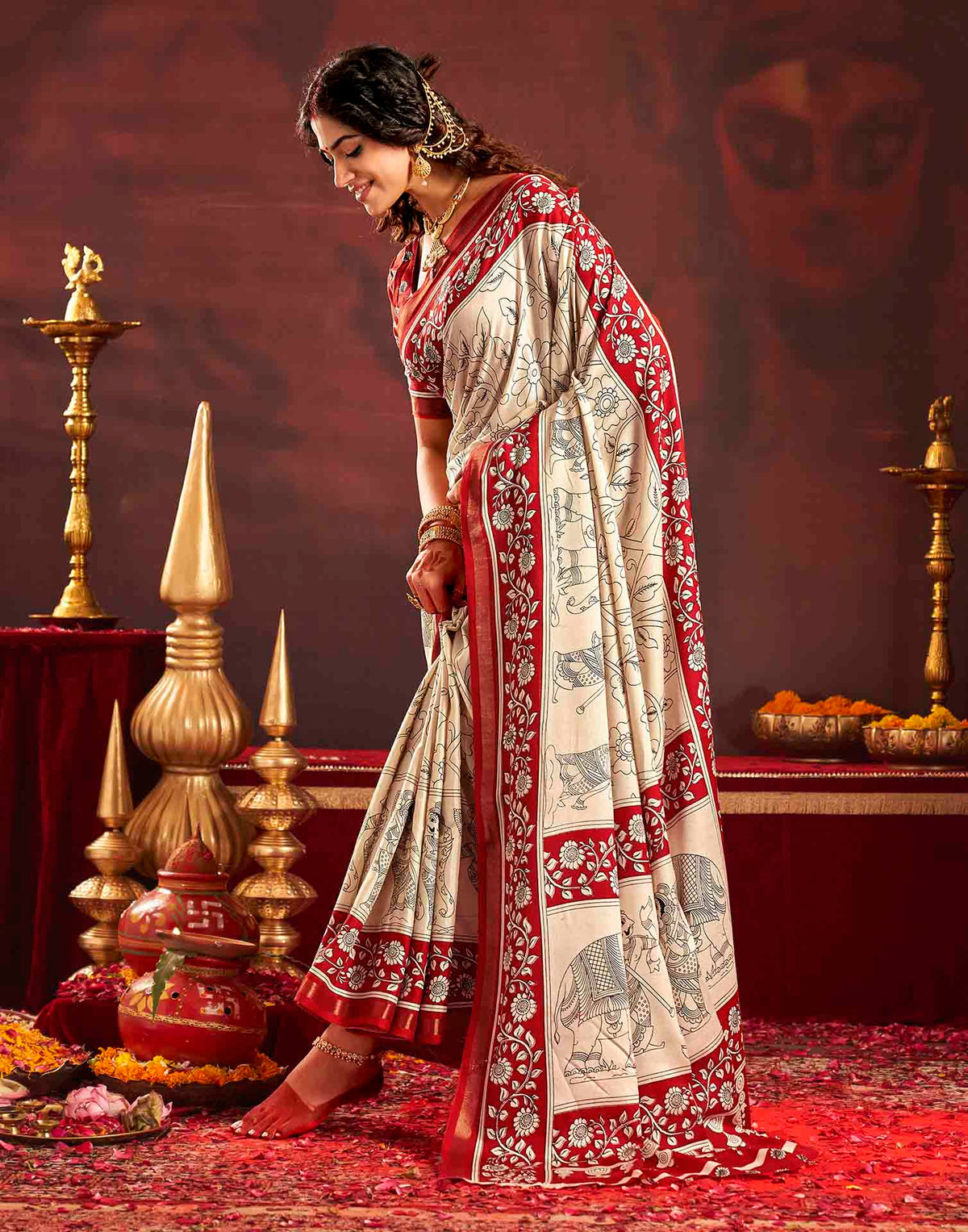 Durga Puja Off White Cotton Kalamkari Printed Saree