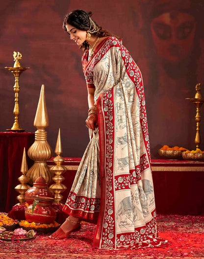 Durga Puja Off White Cotton Kalamkari Printed Saree
