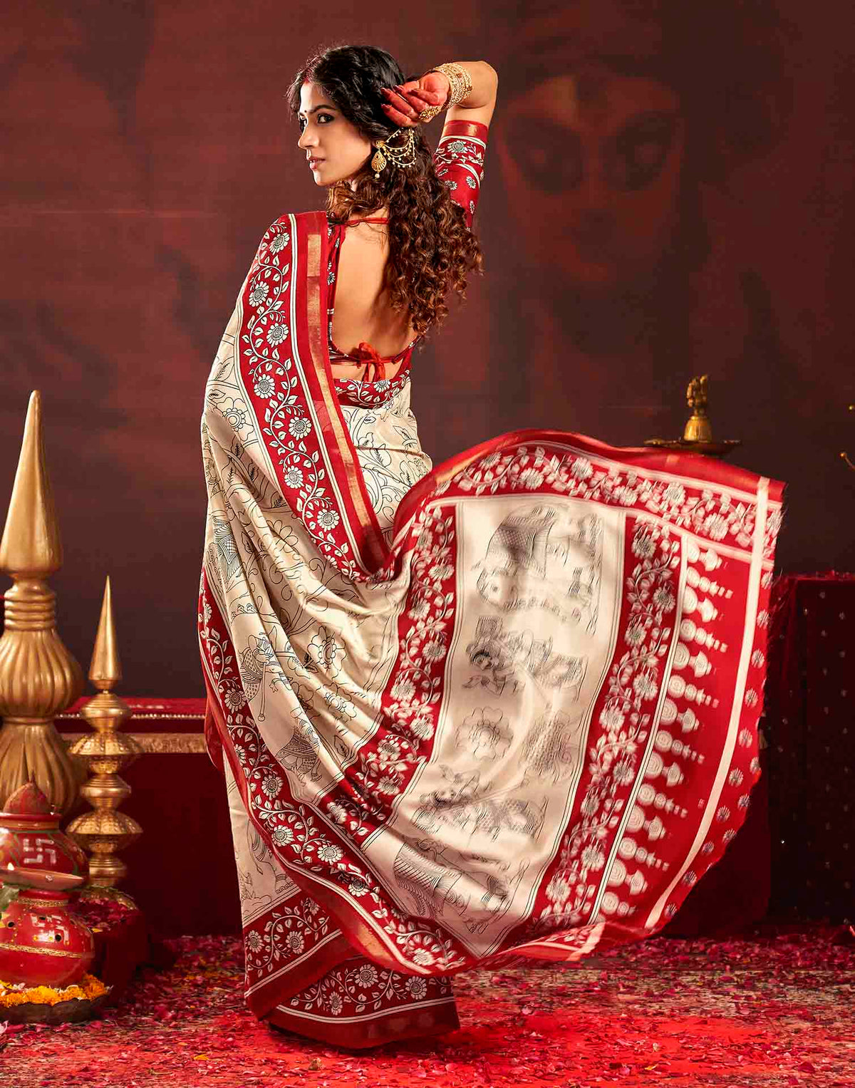 Durga Puja Off White Cotton Kalamkari Printed Saree