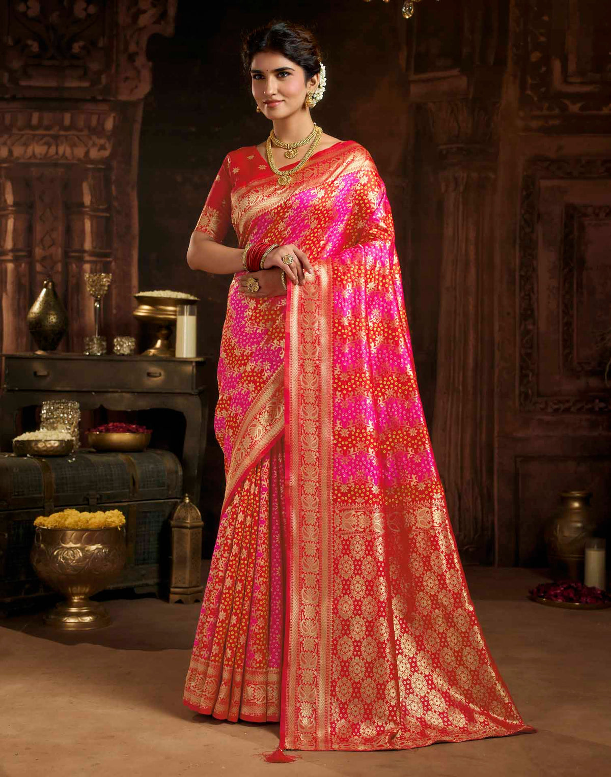 Hot Pink Silk Woven Bandhani Saree