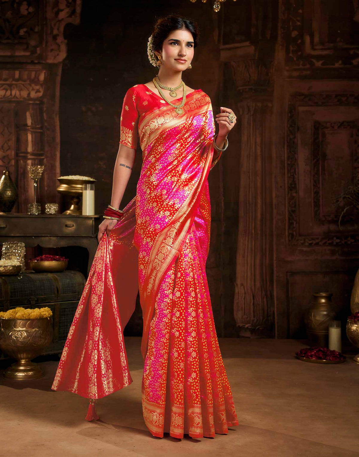 Hot Pink Silk Woven Bandhani Saree