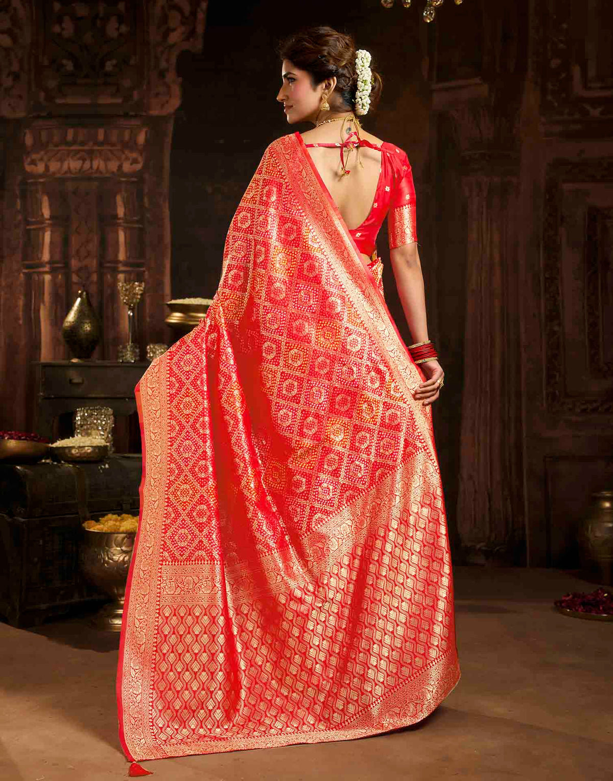 Rani Red Silk Woven Bandhani Saree