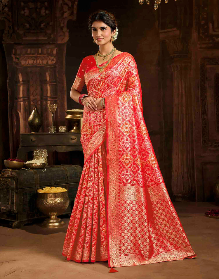 Rani Red Silk Woven Bandhani Saree