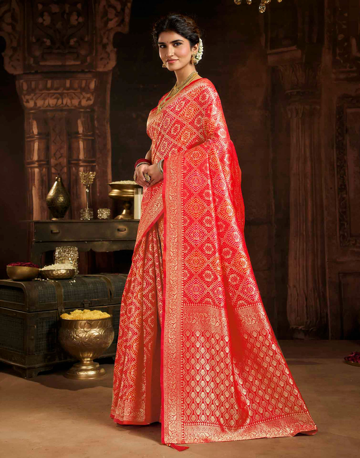Rani Red Silk Woven Bandhani Saree