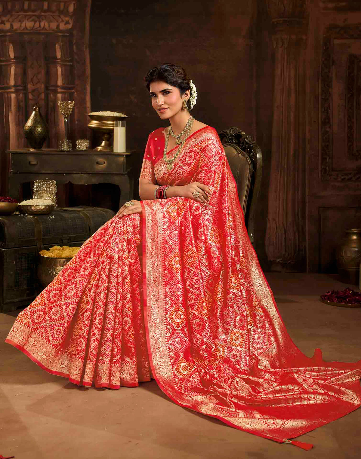 Rani Red Silk Woven Bandhani Saree