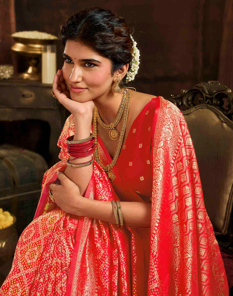 Rani Red Silk Woven Bandhani Saree