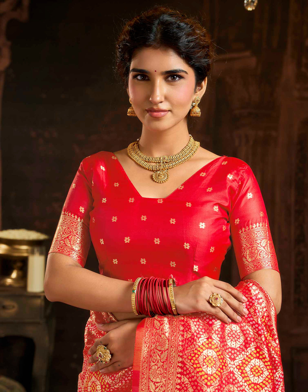 Rani Red Silk Woven Bandhani Saree