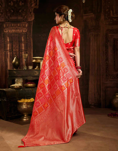 Hot Red Silk Woven Bandhani Saree