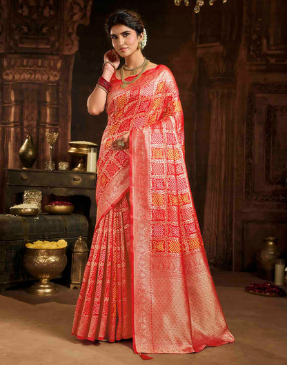Hot Red Silk Woven Bandhani Saree