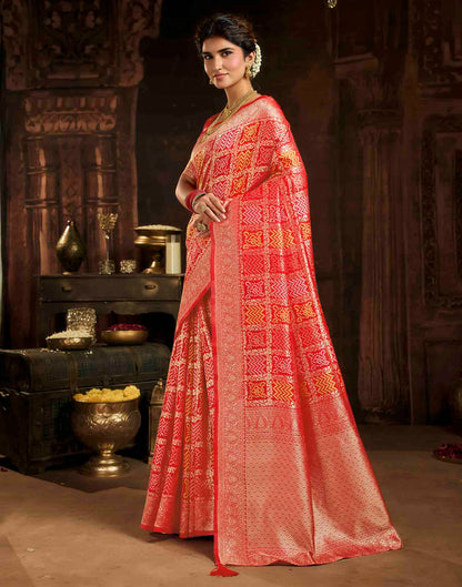 Hot Red Silk Woven Bandhani Saree