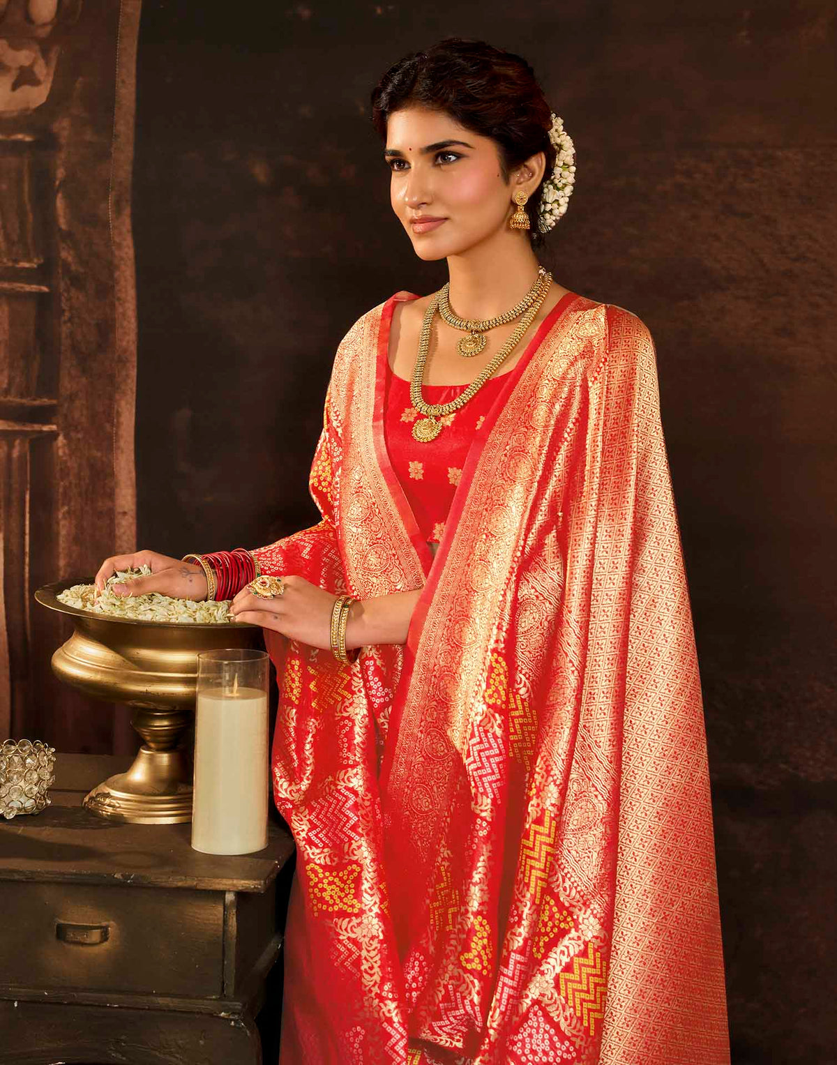 Hot Red Silk Woven Bandhani Saree