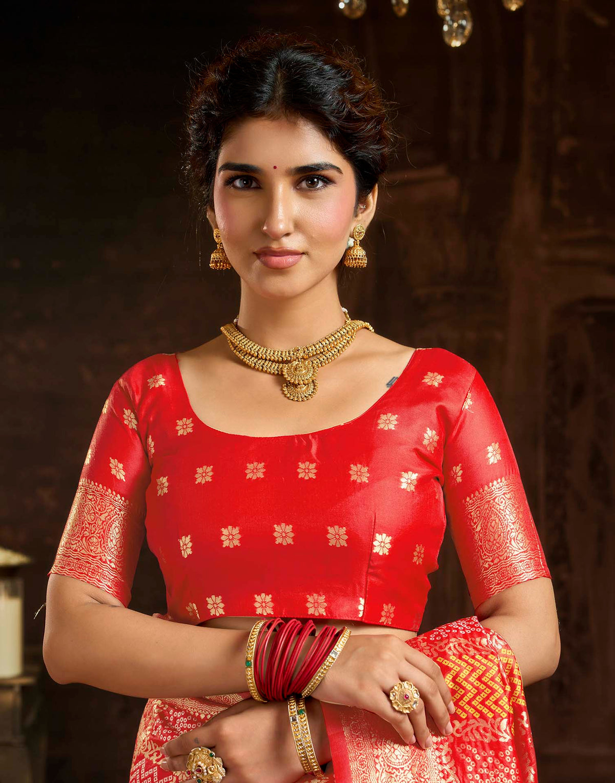 Hot Red Silk Woven Bandhani Saree