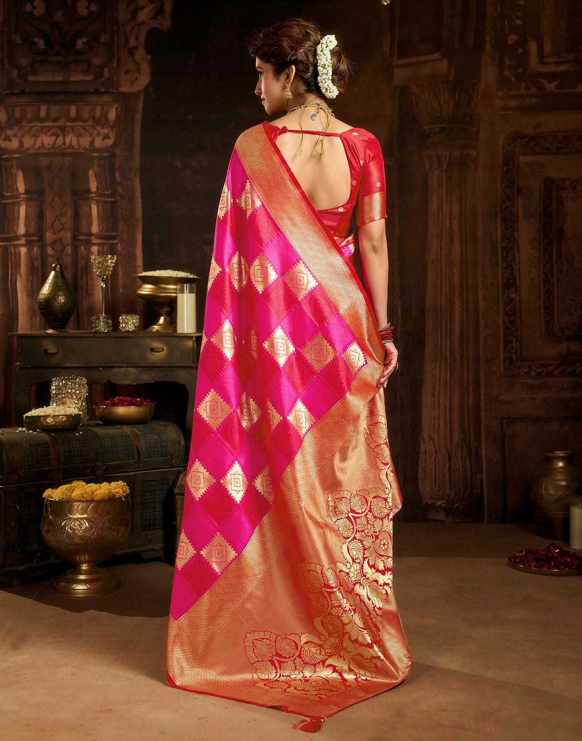 Dark Pink Silk Woven Banarasi Saree