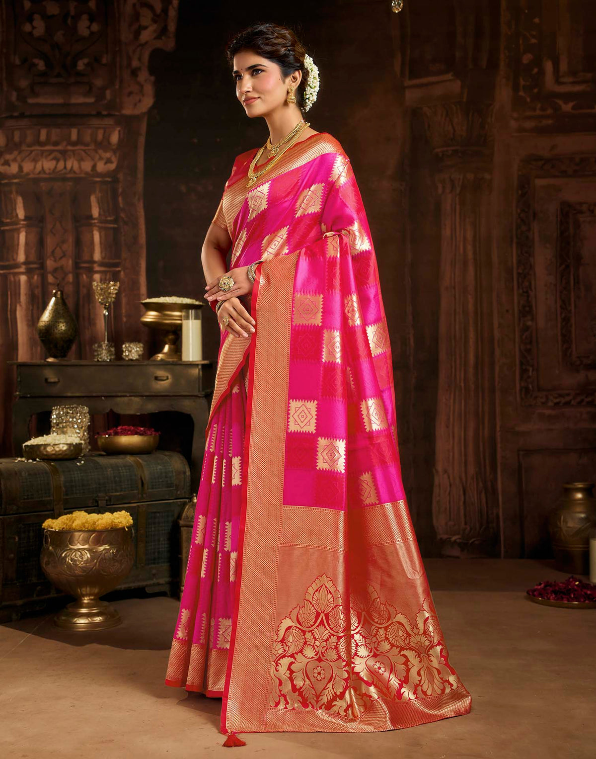 Dark Pink Silk Woven Banarasi Saree