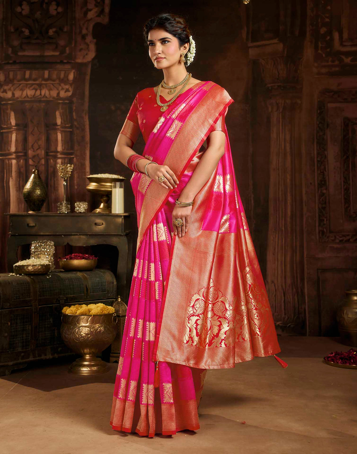 Dark Pink Silk Woven Banarasi Saree