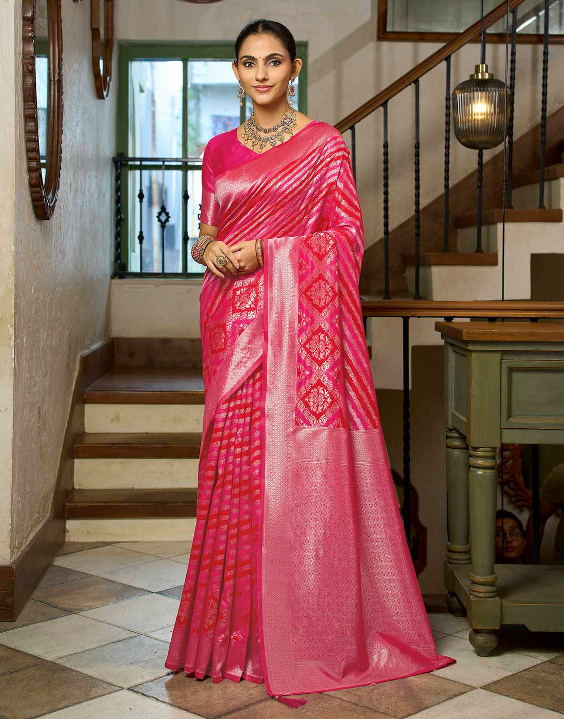 Hot Pink Silk Woven Banarasi Saree