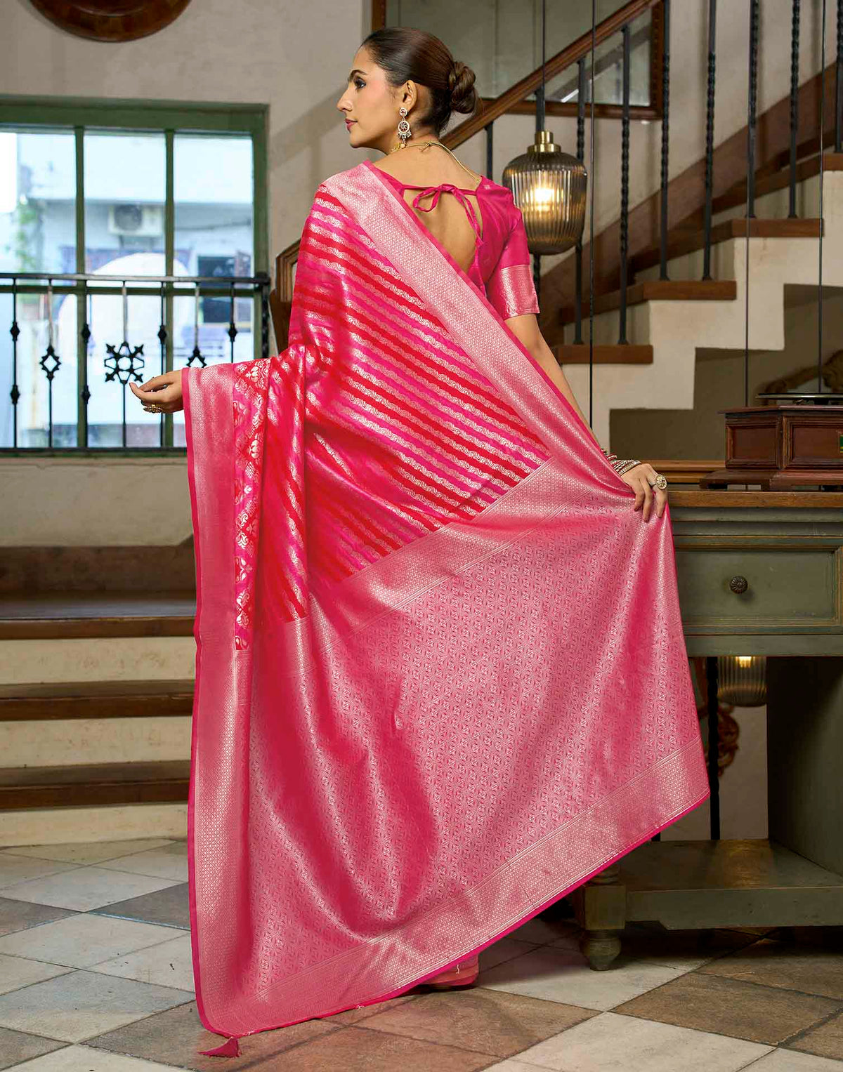 Hot Pink Silk Woven Banarasi Saree