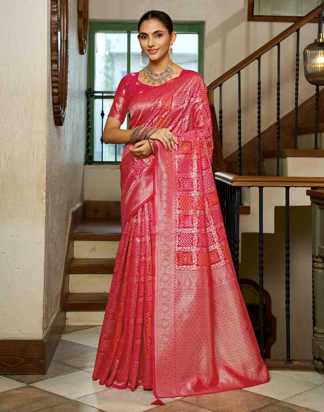 Rani Pink Silk Woven Bandhani Saree