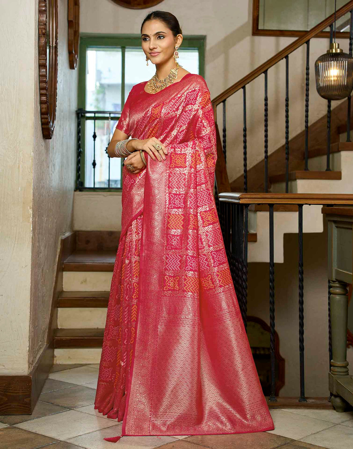 Rani Pink Silk Woven Bandhani Saree