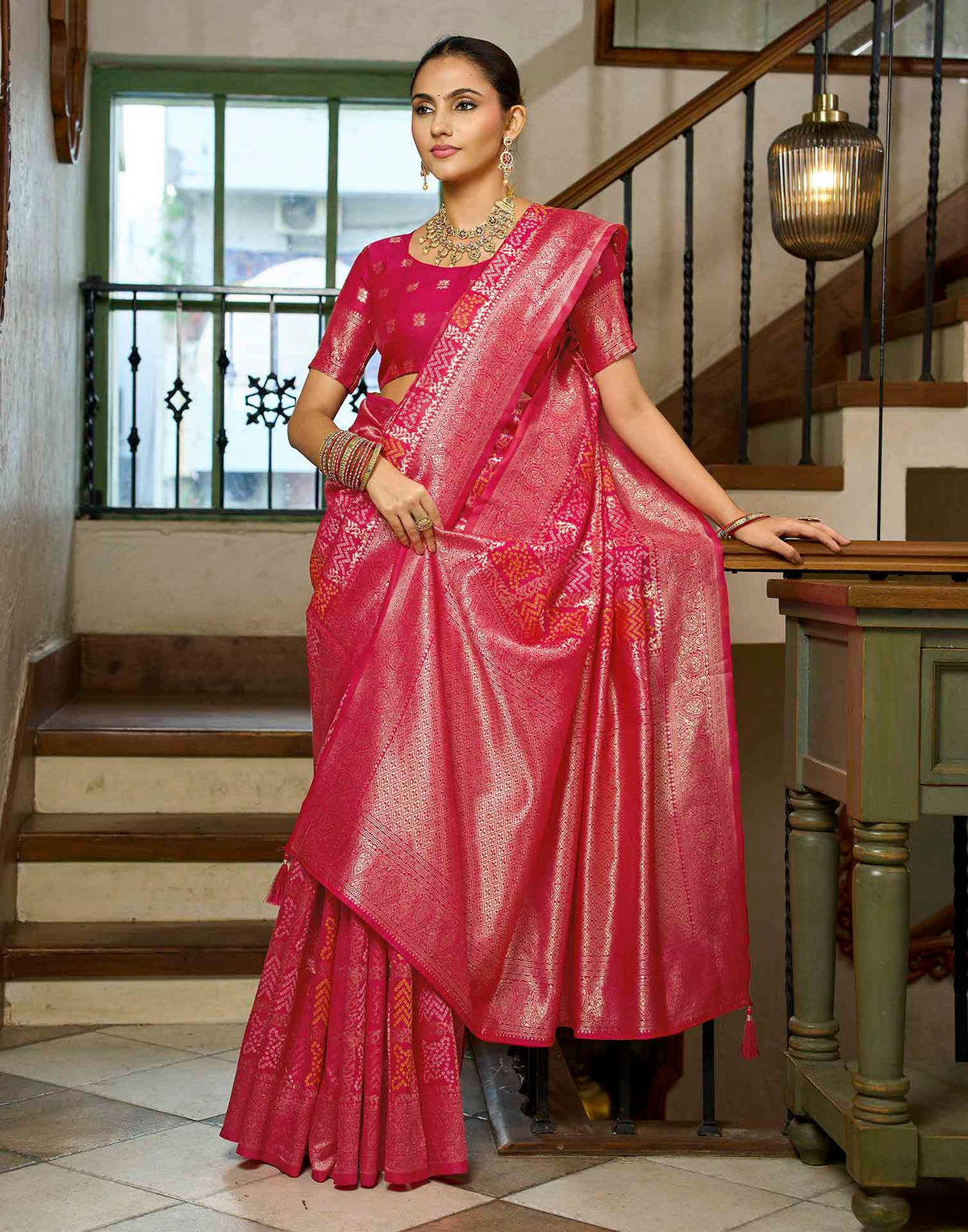 Rani Pink Silk Woven Bandhani Saree