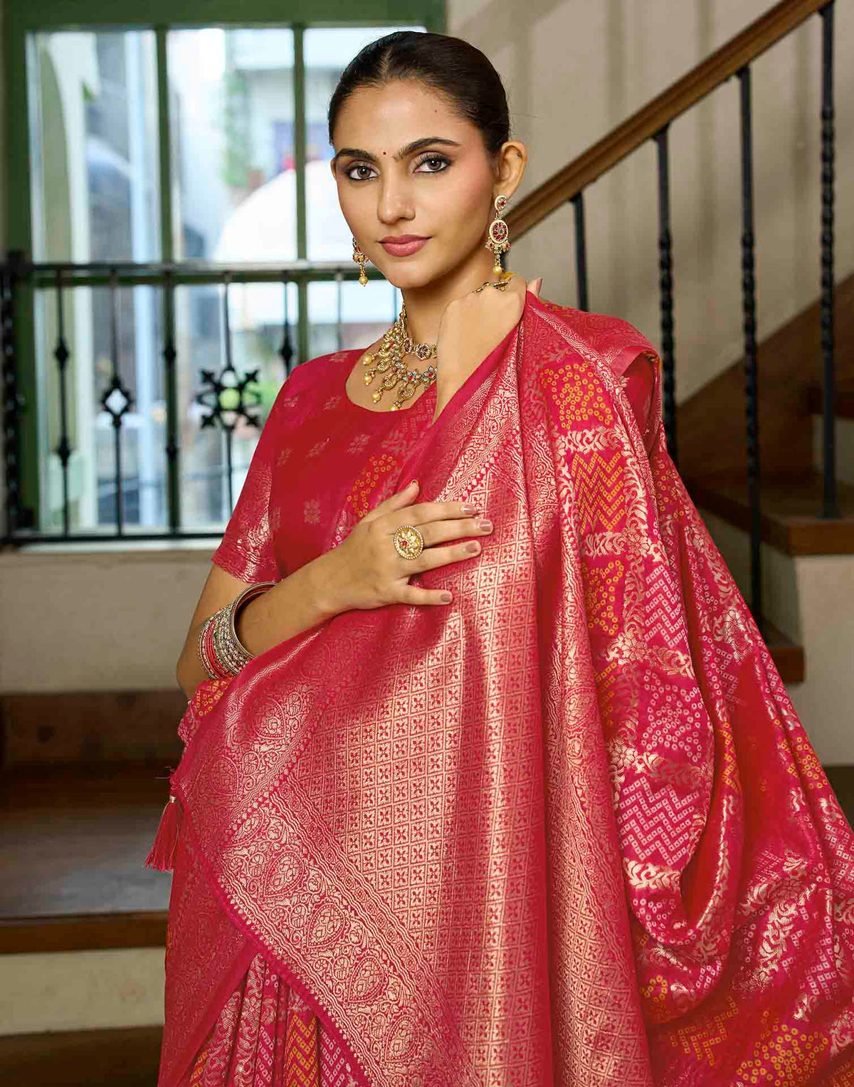 Rani Pink Silk Woven Bandhani Saree