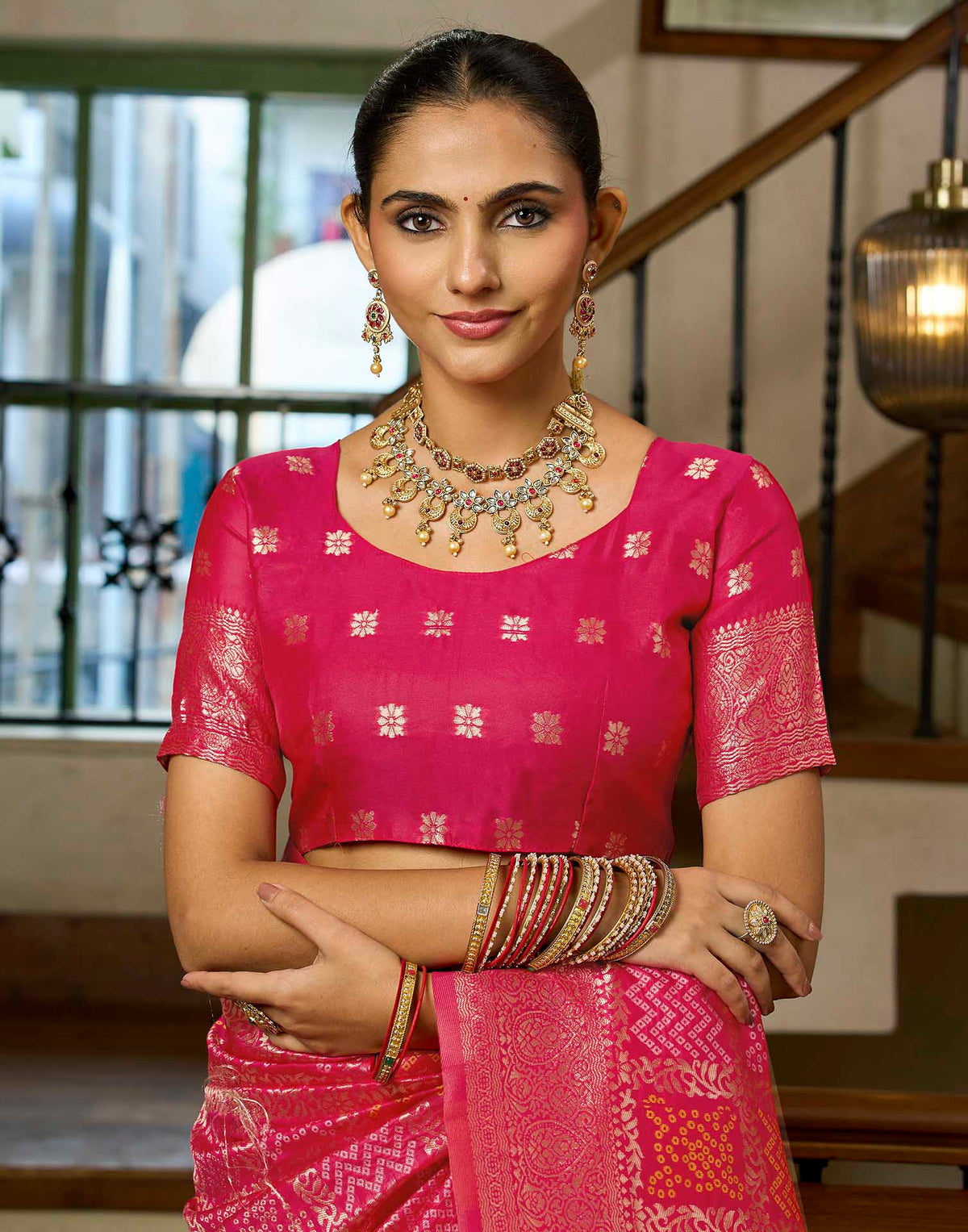 Rani Pink Silk Woven Bandhani Saree