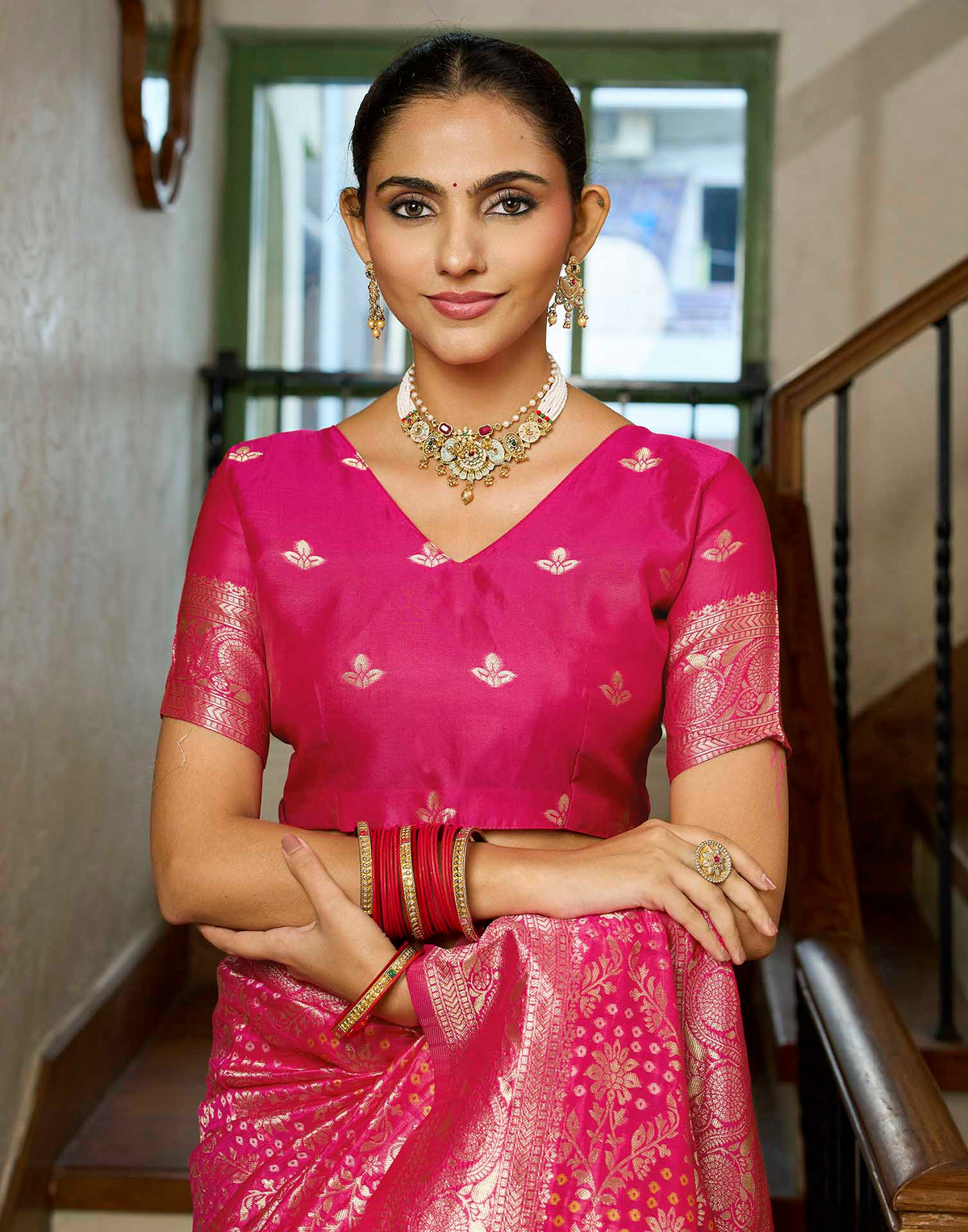 Rani Pink Silk Woven Bandhani Saree