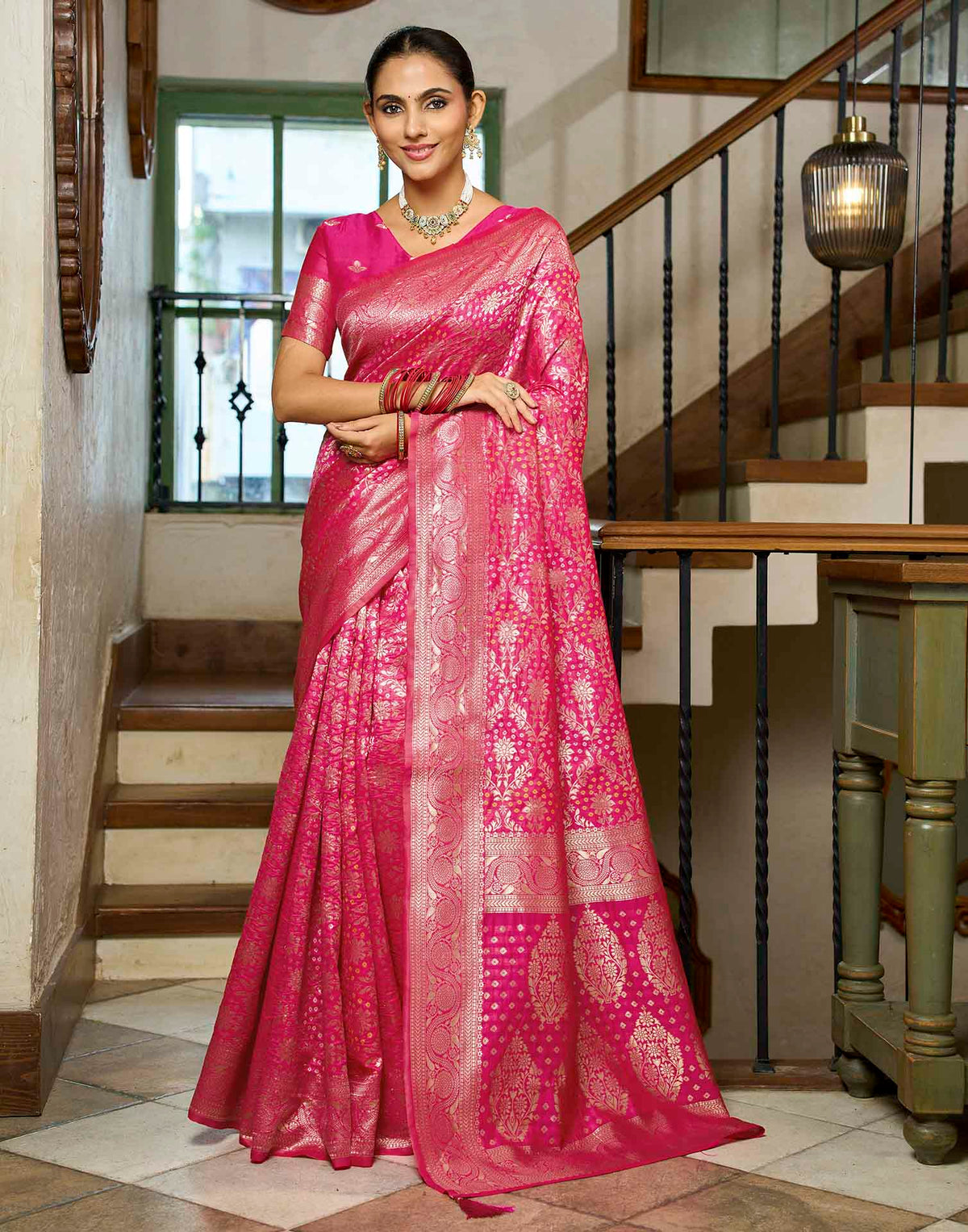 Rani Pink Silk Woven Bandhani Saree