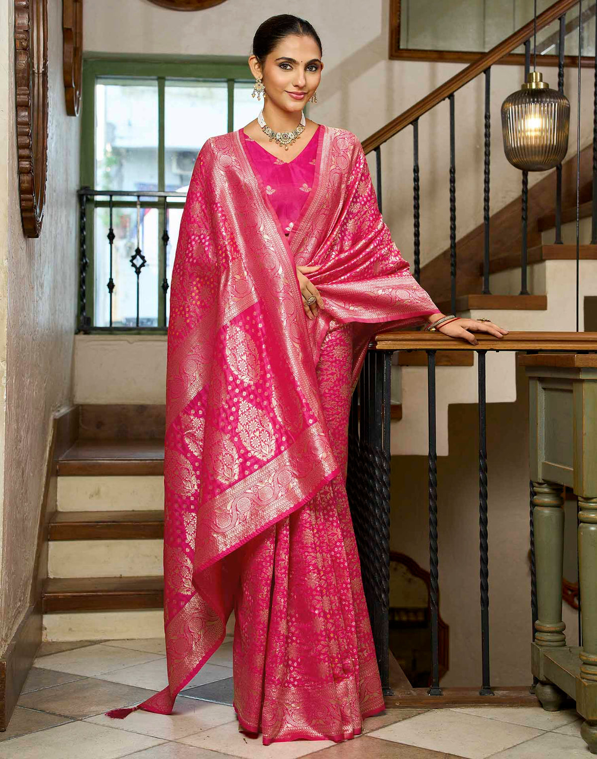 Rani Pink Silk Woven Bandhani Saree