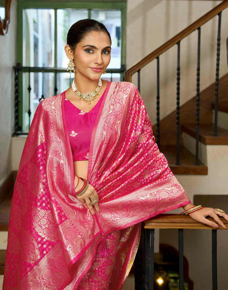 Rani Pink Silk Woven Bandhani Saree