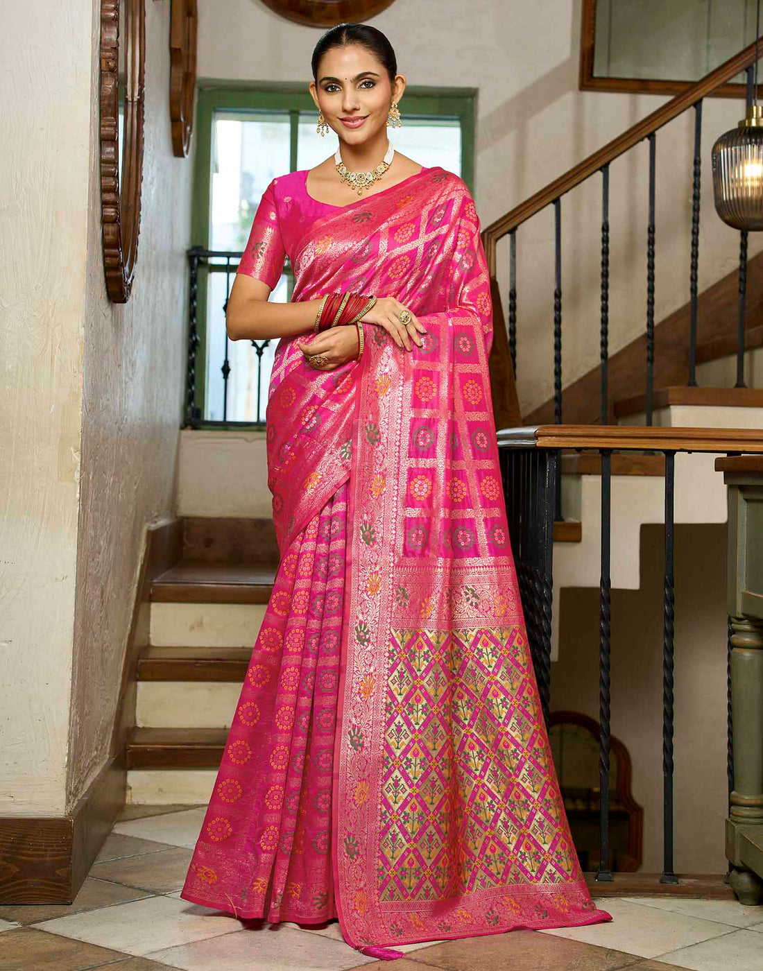 Hot Pink Silk Woven Bandhani Saree
