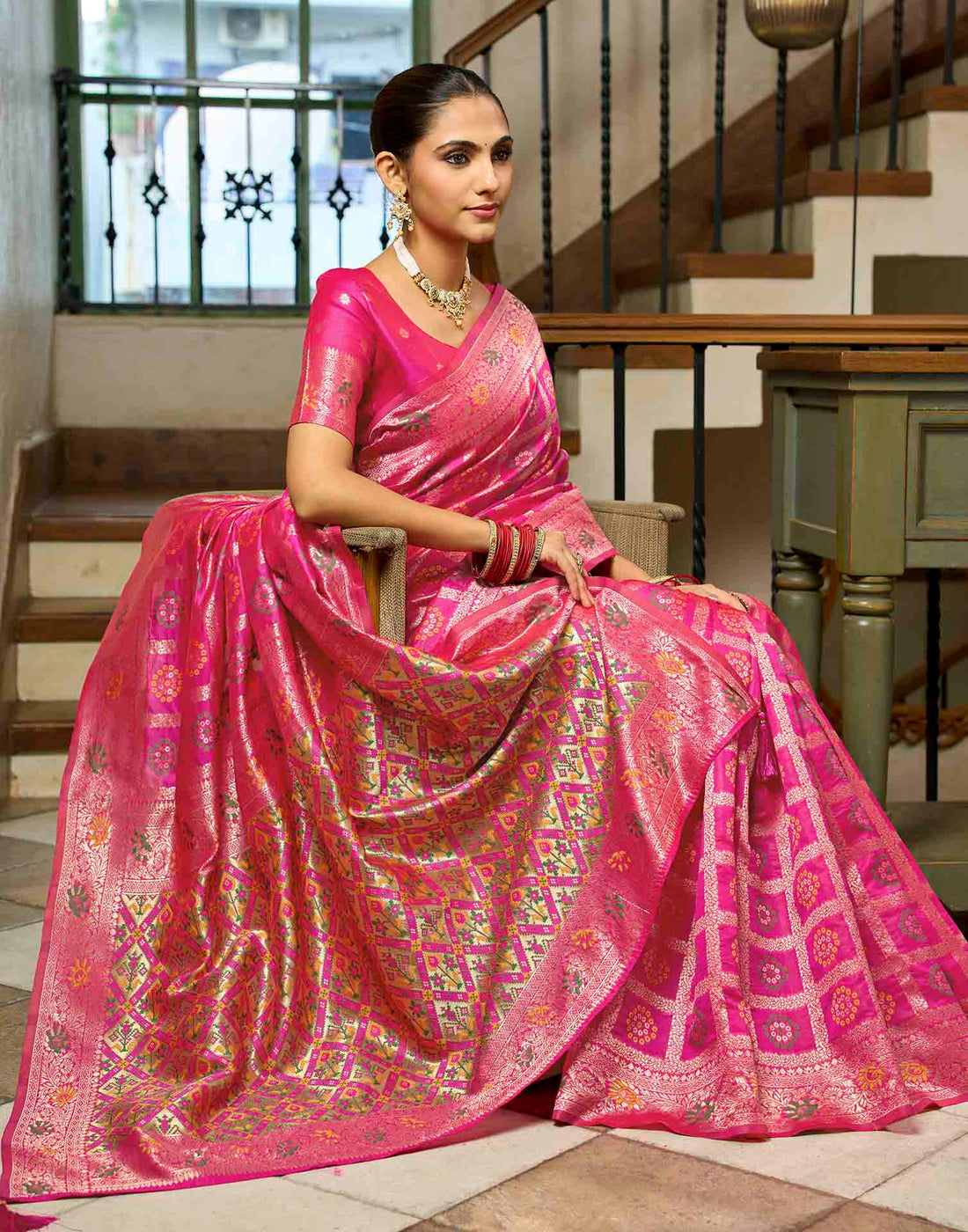 Hot Pink Silk Woven Bandhani Saree