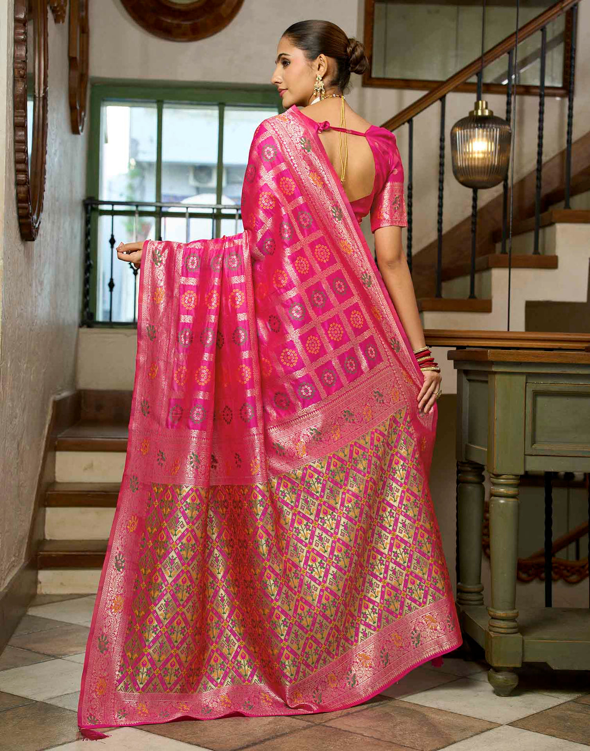 Hot Pink Silk Woven Bandhani Saree