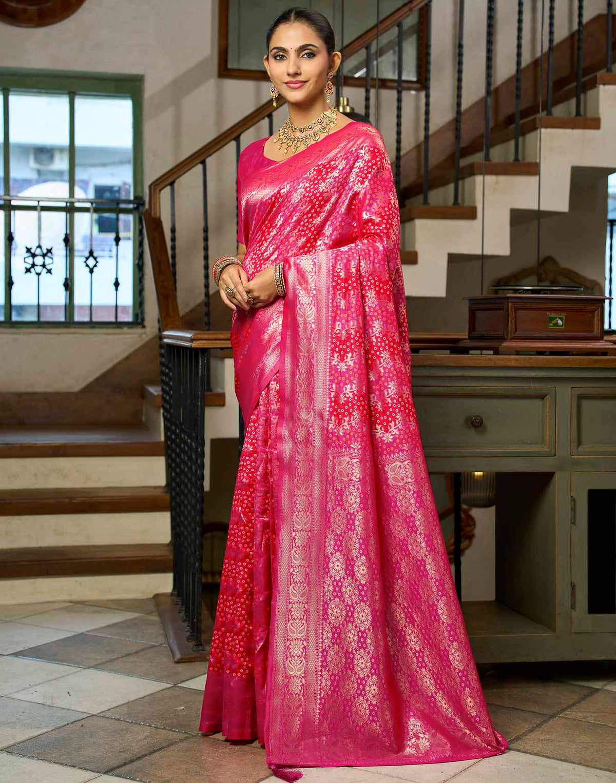 Rani Pink Silk Woven Bandhani Saree