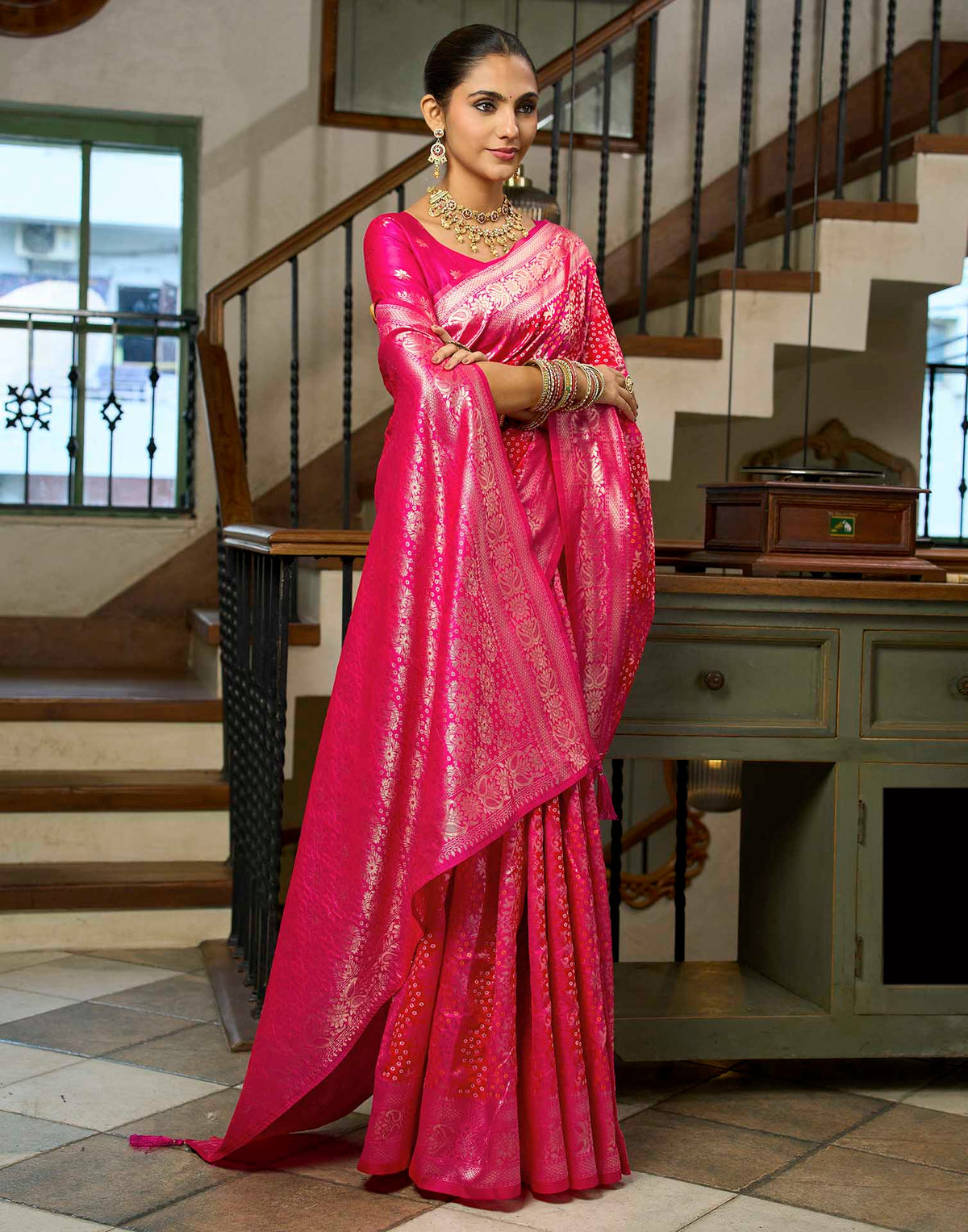 Rani Pink Silk Woven Bandhani Saree