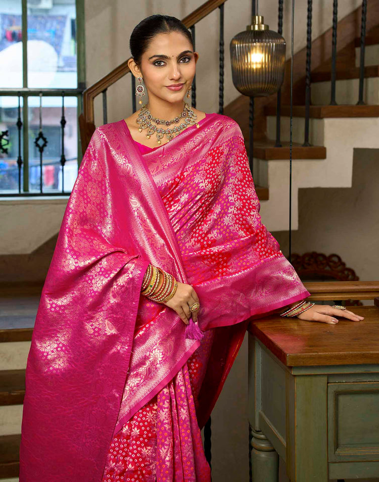 Rani Pink Silk Woven Bandhani Saree