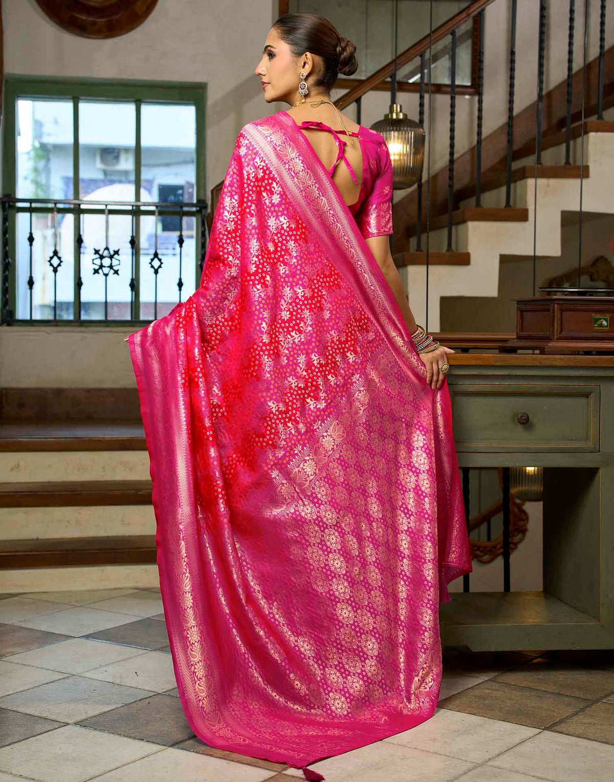 Rani Pink Silk Woven Bandhani Saree