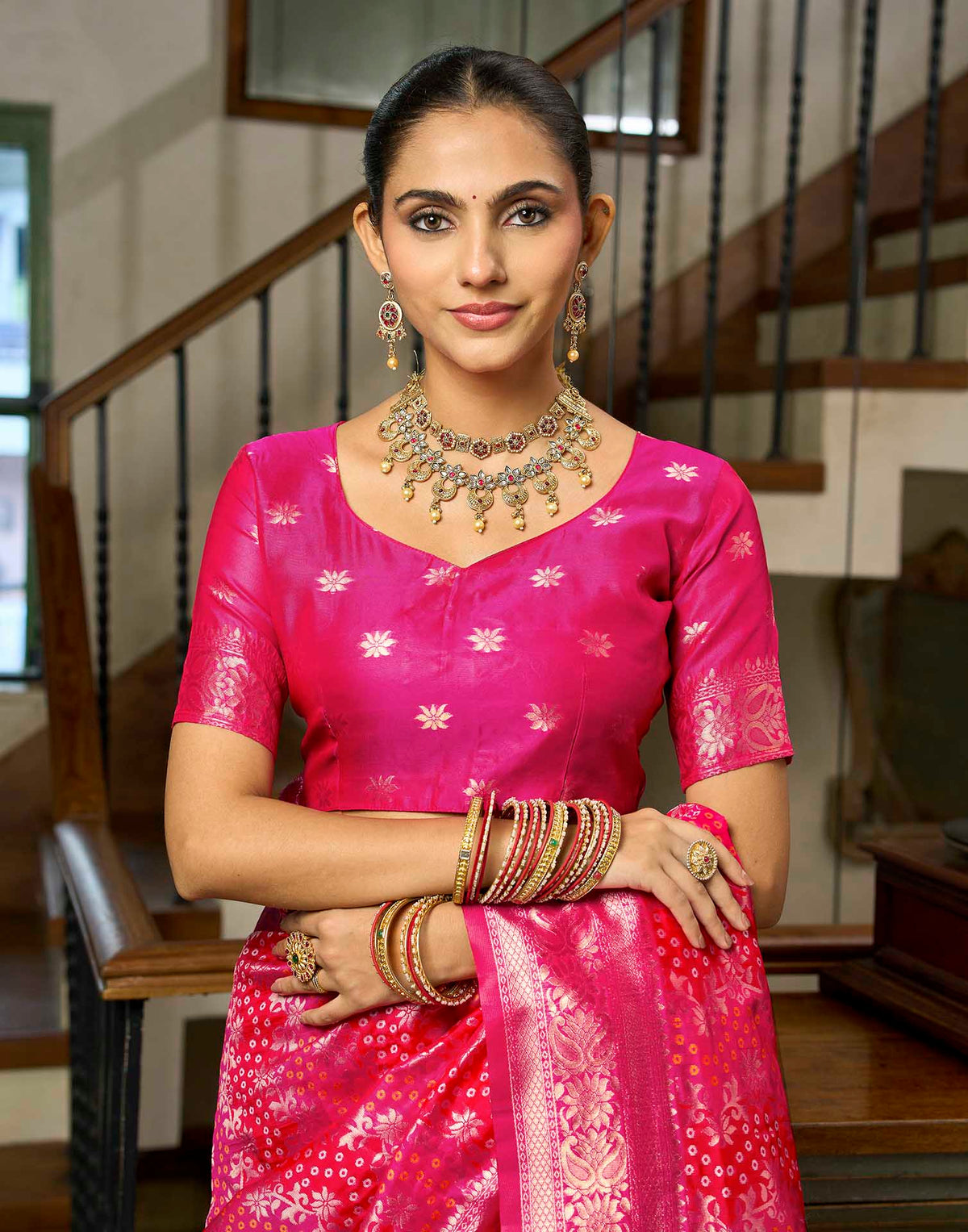 Rani Pink Silk Woven Bandhani Saree